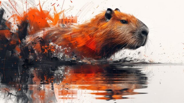 a close up of a rodent in a body of water with orange paint splatters all over it.