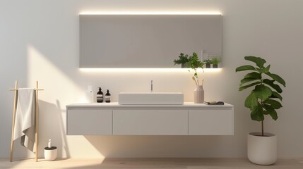 Fototapeta na wymiar White Vanity with Integrated LED Lighting in a Minimalist Bathroom AI Generated.