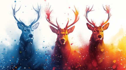 a couple of deer standing next to each other in front of a blue and orange background with drops of water.