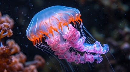 a close up of a jellyfish in an aquarium with corals in the foreground and water in the background.