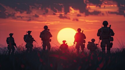 the silhouettes of the soldiers are clear and recognizable against the background of the sunset sky. - obrazy, fototapety, plakaty