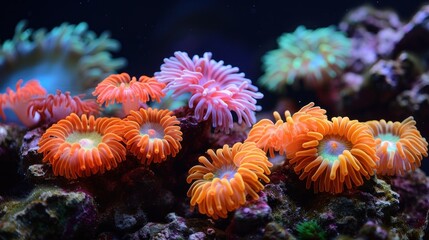 Naklejka na ściany i meble a group of sea anemones sitting on top of a coral in a sea anemone sea anemone, sea anemone, sea anemone, sea anemone, sea anemone, sea anemone, sea anemone, sea an.
