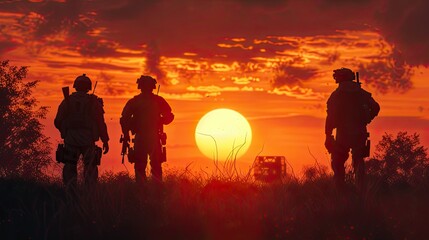 the silhouettes of the soldiers are clear and recognizable against the background of the sunset sky. - obrazy, fototapety, plakaty