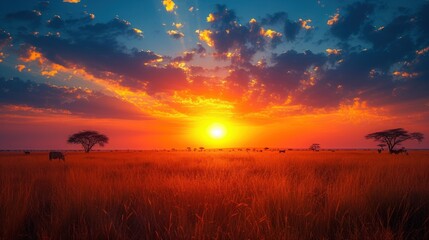 the sun is setting in the middle of a field with animals grazing on the grass and trees in the distance. - obrazy, fototapety, plakaty