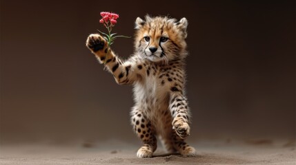 a cheetah cub holding a red flower in it's right hand while standing on its hind legs.