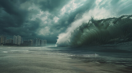 Huge tsunami wave in the ocean heading towards a city during a storm
