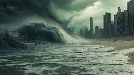Huge tsunami wave in the ocean heading towards a city during a storm - obrazy, fototapety, plakaty