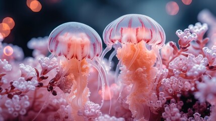 a group of jellyfish sitting on top of a lush green and pink sea grass covered in small white bubbles.