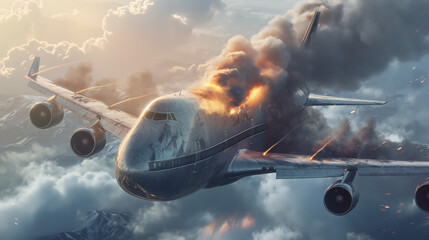 Falling and burning passenger plane in the sky at high altitude - obrazy, fototapety, plakaty