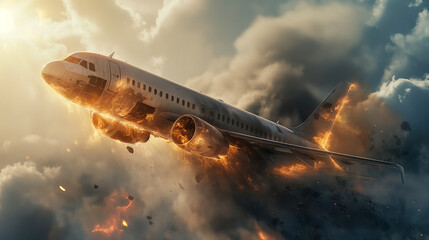 Falling and burning passenger plane in the sky at high altitude - obrazy, fototapety, plakaty