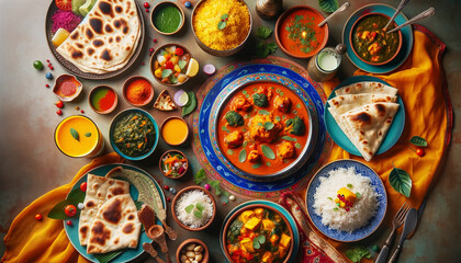 Professional top-down view of a colorful Indian feast, featuring chicken tikka masala, saag paneer, biryani, naan bread, and mango lassi, presented on a festive table with traditional decorations