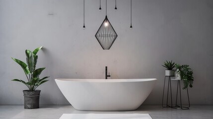 Sleek White Bathtub in Minimalist Bathroom with Pendant Light Fixture AI Generated. - obrazy, fototapety, plakaty
