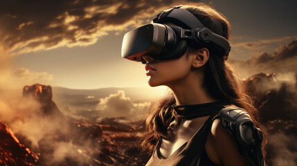 A woman is wearing an augmented and virtual reality headset, which is a mixed reality device displaying augmented reality content overlaid on the surrounding world, generative AI