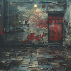 Mysterious Urban Alleyway with Vintage Red Door and Weathered Walls
