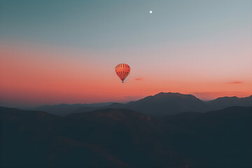 Colorful hot air balloon flying early in the morning over the mountain. Scenic sunrise or sunset view. Spring or summer landscape. Travel and vacation concept