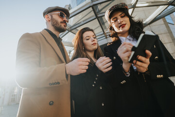 Three young entrepreneurs engage in remote collaboration using a smart phone on a sunny city street, illustrating mobile business communication.