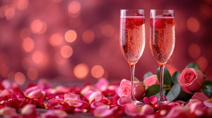 a close up of two glasses of wine with rose petals on a table with a blurry background of pink roses.