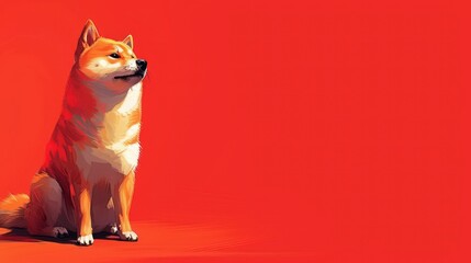 a brown and white dog sitting on top of a red floor next to a black and white dog on a red background.