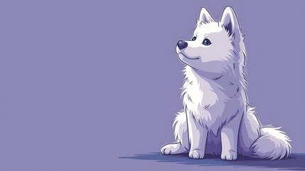 a white dog sitting on top of a purple floor next to a purple wall with a white dog sitting on top of it's legs.