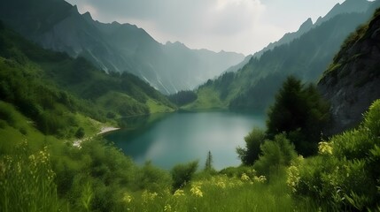 Landscape Lake Height Among Green Mountains