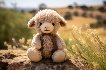 A beige plush sheep toy sitting on the ground on a yellow field nature background. Can be used for kids storytelling and eco friendly toys.