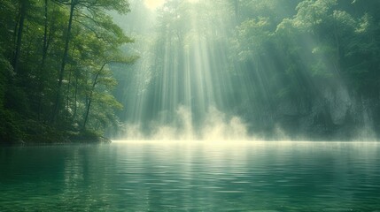 a forest filled with lots of green trees next to a body of water with a bright beam of light coming from the top of the trees.