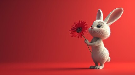 a white rabbit holding a red flower in its right hand and a red flower in its left hand, on a red background.