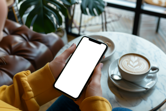 Mockup, woman's hands holding mobile phone with blank screen in coffee shop. Woman using smartphone, looking at the screen, over shoulder view