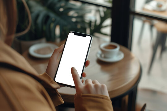 Mockup, Woman's Hands Holding Mobile Phone With Blank Screen In Coffee Shop. Woman Using Smartphone, Looking At The Screen, Over Shoulder View