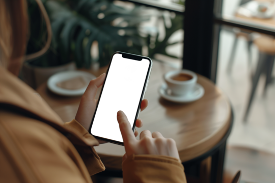 Mockup, woman's hands holding mobile phone with blank screen in coffee shop. Woman using smartphone, looking at the screen, over shoulder view