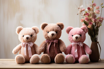 Fototapeta premium Three cute teddy bears in brown and pink colors with bows sit on a wooden surface with flowers in the background on a beige backdrop. Used for eco friendly kids toys