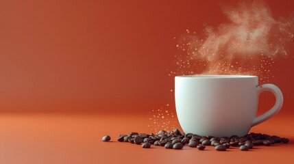 a cup of coffee with steam rising out of it and coffee beans scattered around it on an orange surface with a red background.