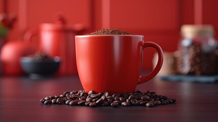 a red coffee cup sitting on top of a pile of coffee beans next to a pile of brown coffee beans.