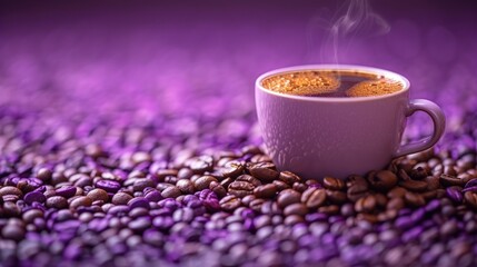 Obraz na płótnie Canvas a cup of coffee with steam rising out of it sitting on a pile of coffee beans in front of a purple background.