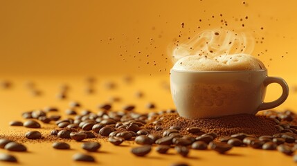 a cup of coffee with steam rising out of it on a table with coffee beans scattered around it on a yellow background. - obrazy, fototapety, plakaty