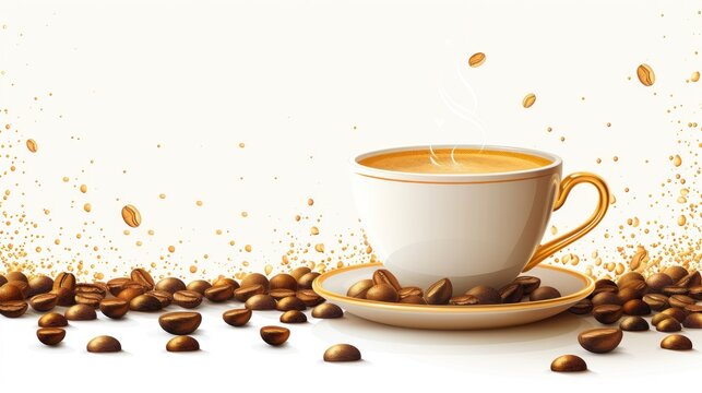 a cup of coffee with a saucer on a saucer surrounded by roasted coffee beans on a white background.