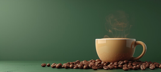 a cup of coffee with steam rising out of it on a pile of coffee beans on a table with a green background.
