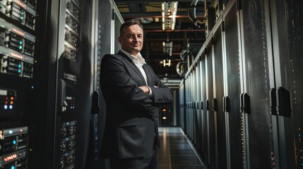 a business man standing in front of computer servers,  technology