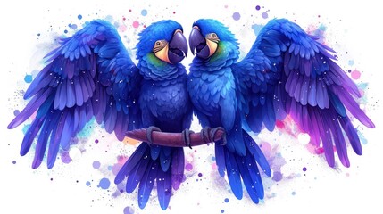 two blue parrots sitting on a branch with their wings spread out and their beaks are spread wide open. - obrazy, fototapety, plakaty