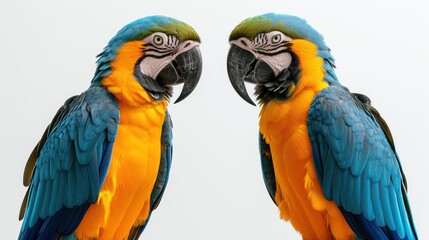 two colorful parrots standing next to each other with their beaks touching each other with their beaks open.