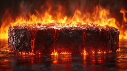 a close up of a cake on a table with a lot of fire coming out of the top of it.
