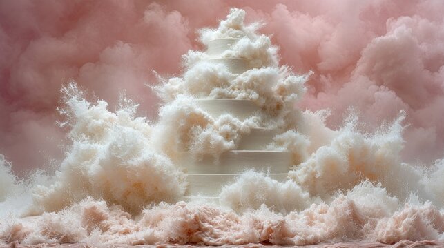 an artistic photo of a staircase in the middle of a sea of pink and white clouds with a pink sky in the background.