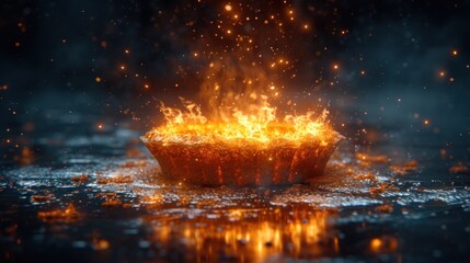 a close up of a cupcake on a table with a lot of fire coming out of the top of it. - obrazy, fototapety, plakaty