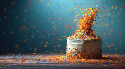 a cake with sprinkles on top of it sitting on top of a table in front of a blue background.