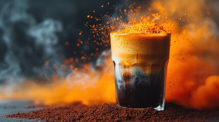 a glass filled with liquid sitting on top of a table next to a pile of orange and black powder on top of a table. - obrazy, fototapety, plakaty