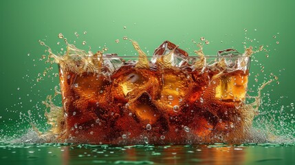 a close up of a glass of soda with water splashing out of the top and on the bottom of the glass.