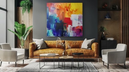 small modern living room with abstract bohemian oil painting  