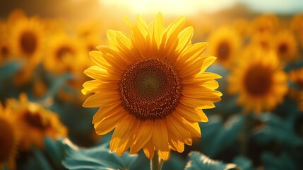 a sunflower in a field of sunflowers with the sun shining through the leaves and the sun in the background.