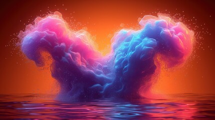 a blue and pink substance floating in a body of water with an orange and red sky in the back ground.