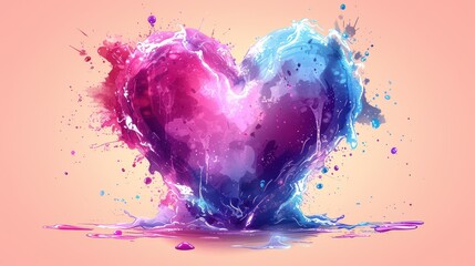 a pink and blue heart shaped object floating on top of a puddle of blue and pink liquid on a pink background.